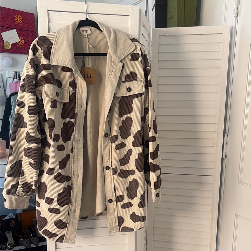 BiBi Cream and Brown Utility Jacket with Cow Print